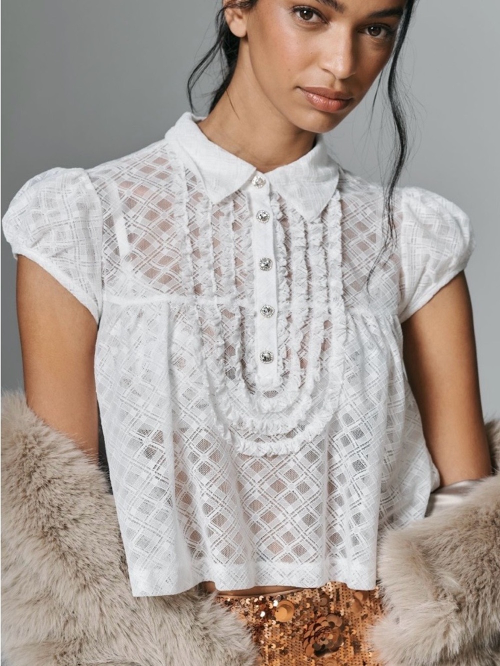 Anthropologie Maeve White Puff-Sleeve Cropped Swing Top XL